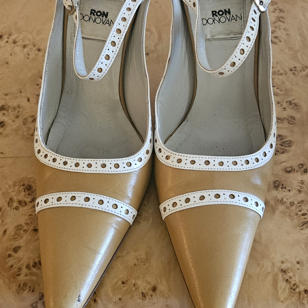 Tan and White Pointed Mary Jane Pumps